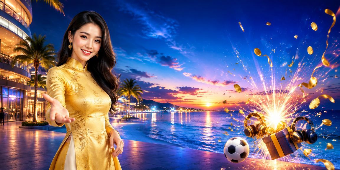 Người phụ nữ mặc áo dài tại Phú Quốc theo dõi kết quả cá cược bóng đá trên điện thoại bên bờ biển